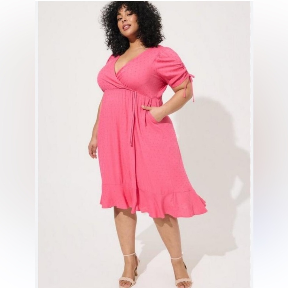 Torrid Midi Swiss surplice dress faux wrap Barbie pink ruched dress. Size 1x